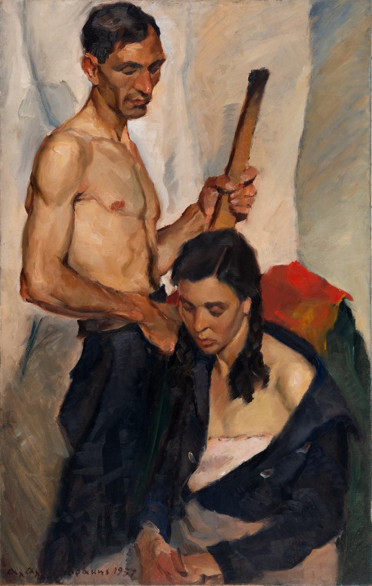 Composition of semi-nude, man standing, woman sitting