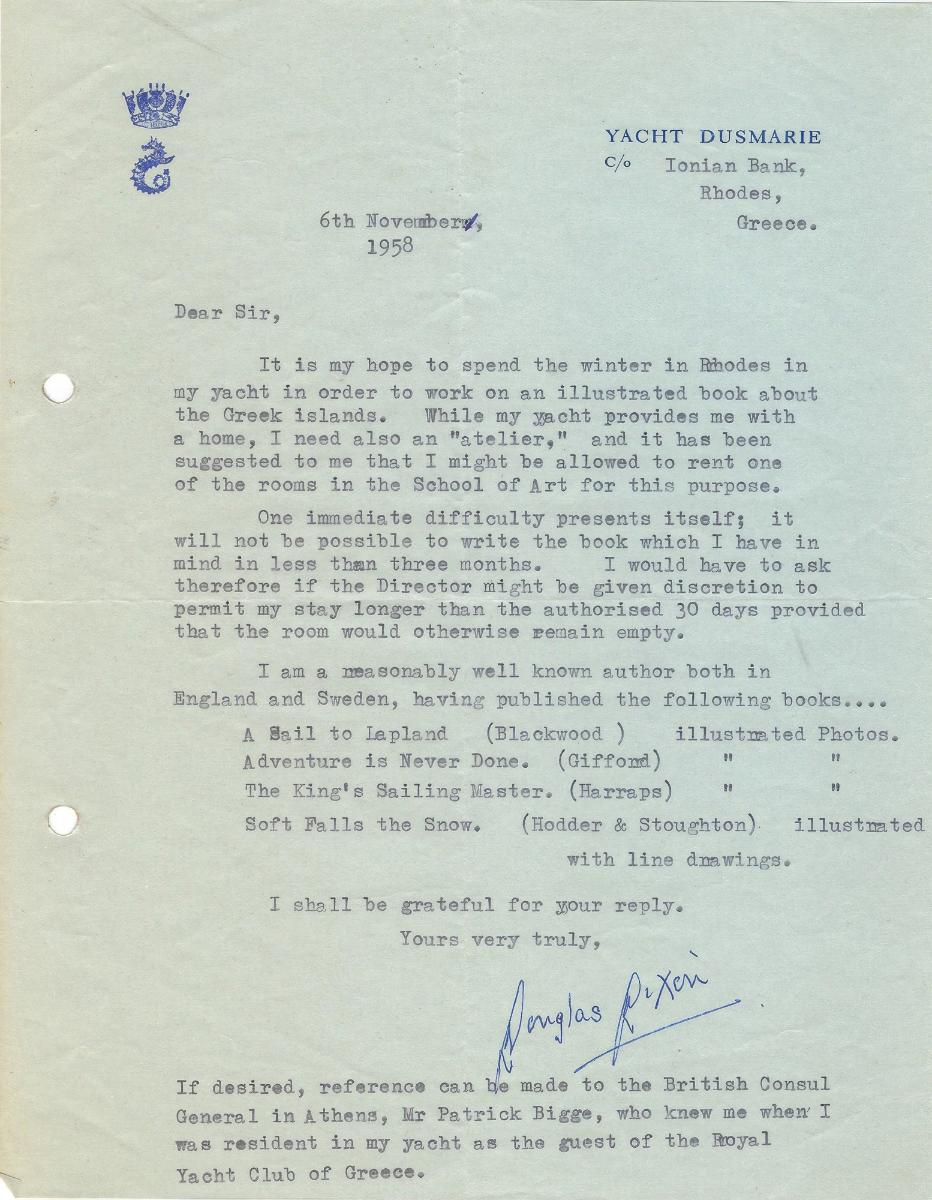 application for stay of the writer Douglas Rexen at the Rhodes station
