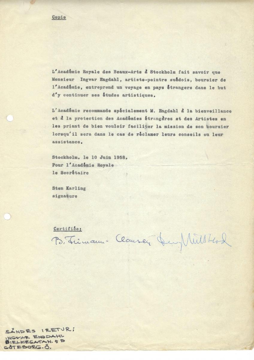 Certificate that Mr. Ingvar Englahl teaches at the Stockholm Academy of Fine Arts